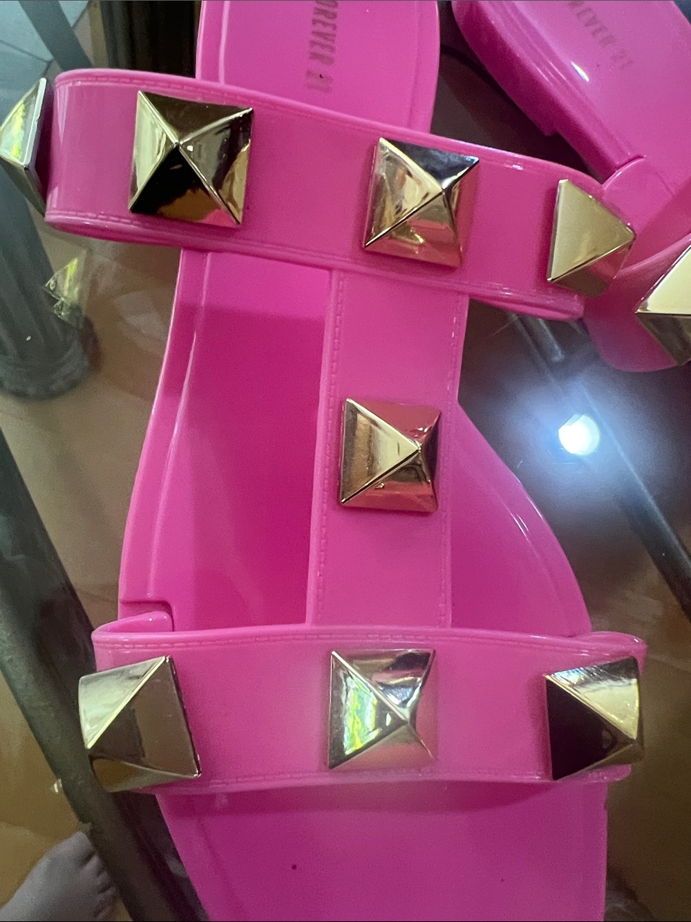 Forever 21 Hot Pink Double-Strap Slide Sandals with Gold Studs - Picture 4 of 6